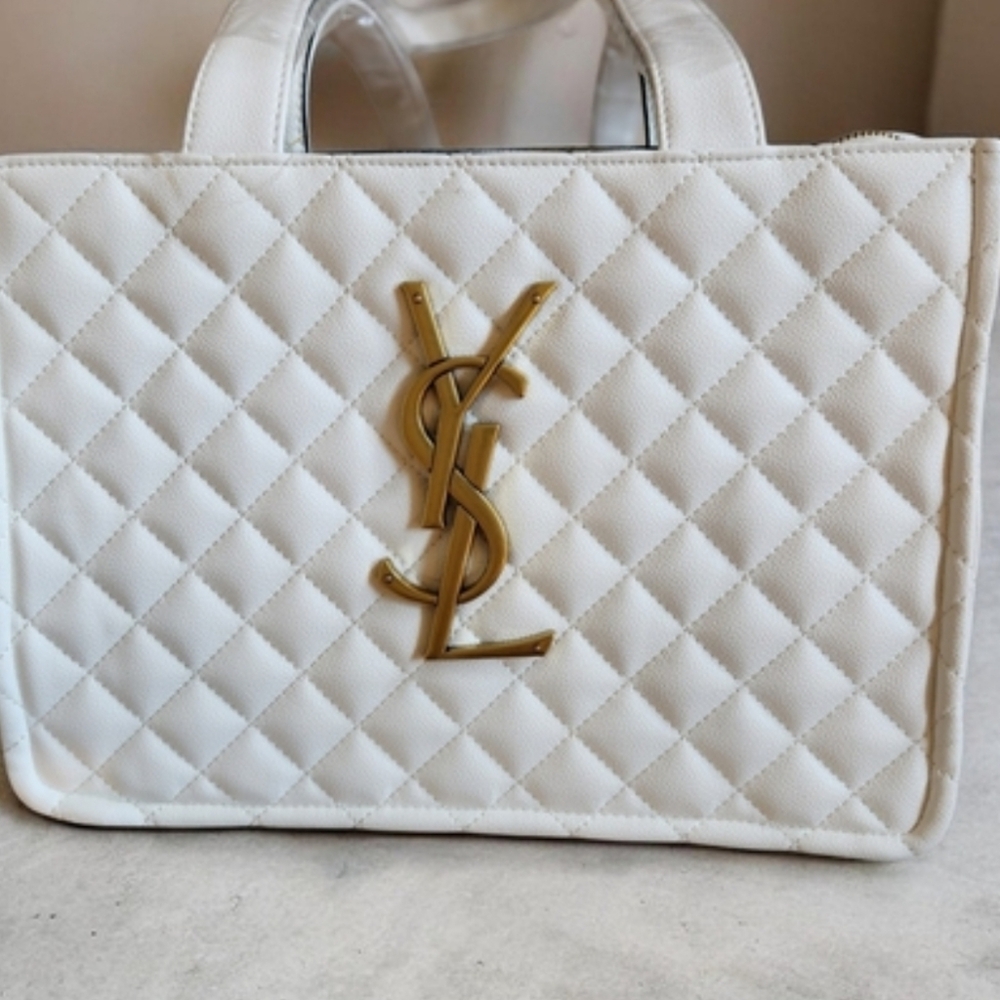 NEW Yves Saint Laurent Ivory Quilted Tote with Gold Logo